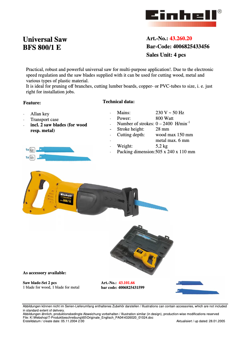 Page 1 de la notice Fiche technique Bavaria by Einhell BFS 800E