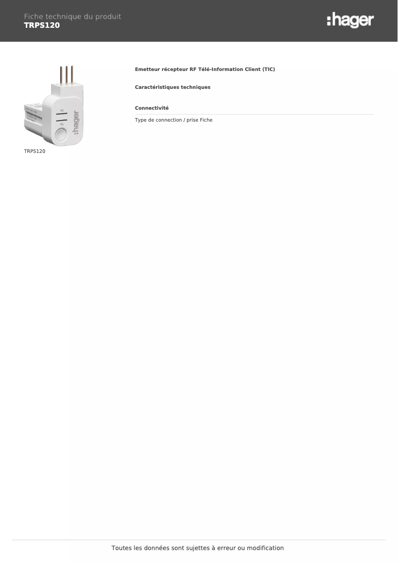 Page n°1 - Fiche technique Hager TRPS120