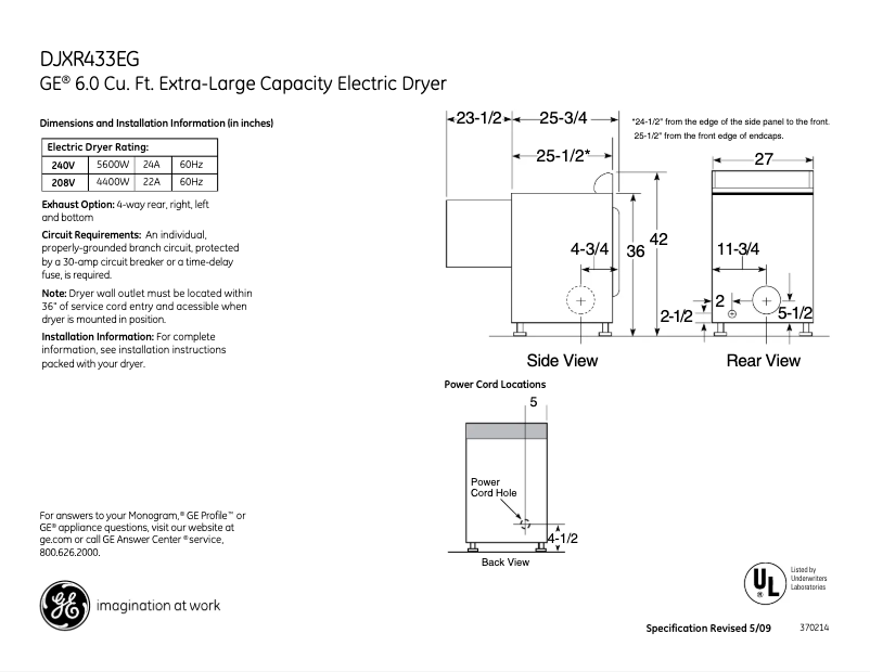 Page 1 de la notice Fiche technique GE DJXR433EGCC