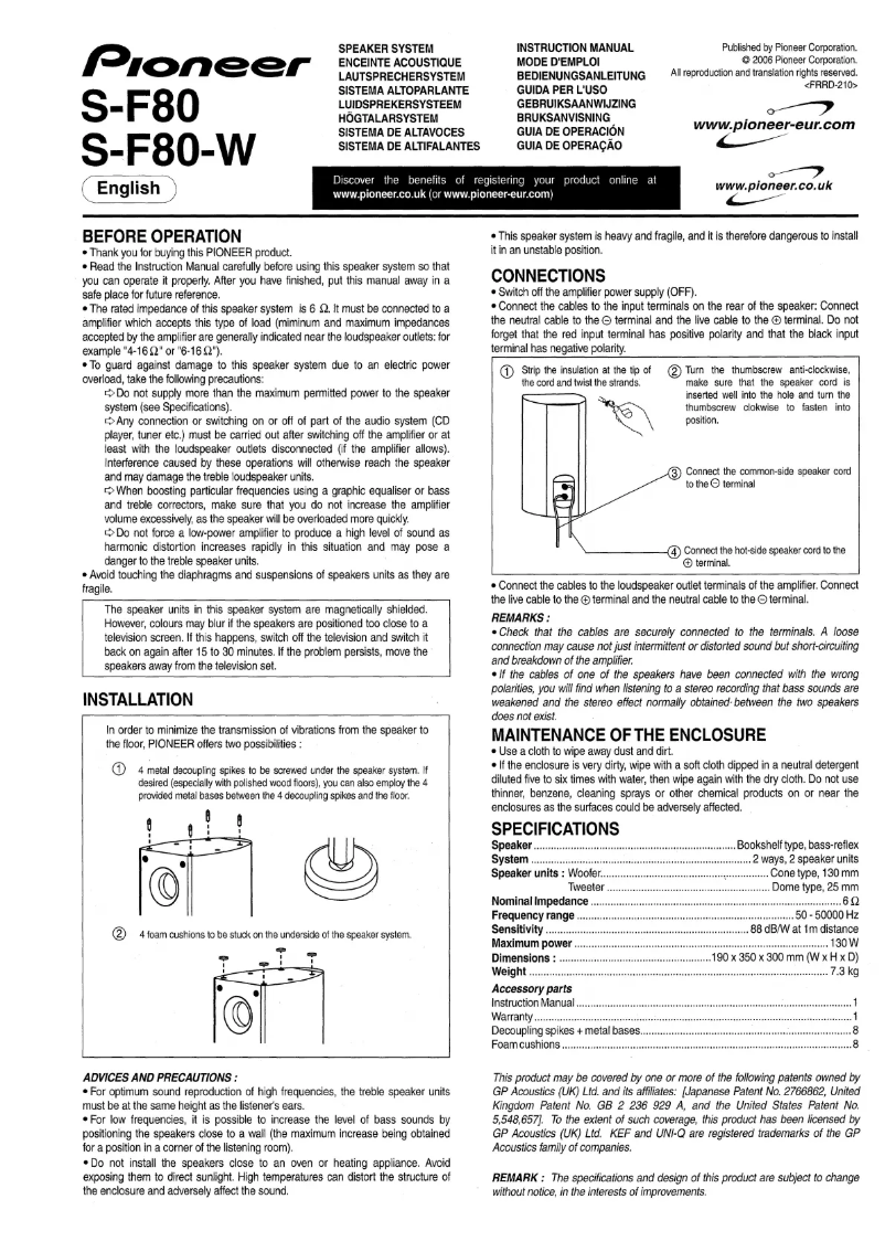 Page n°1 - Manuel utilisateur Pioneer S-F80