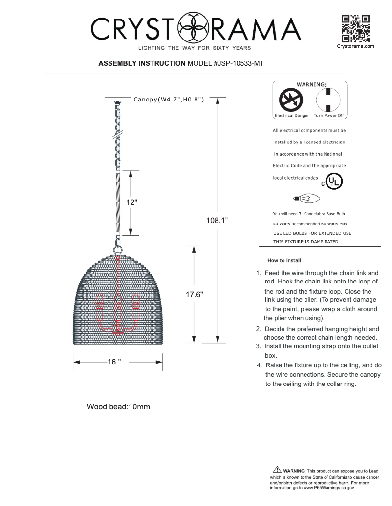 Page 1 de la notice Manuel utilisateur Crystorama Jasper JSP-10533-MT