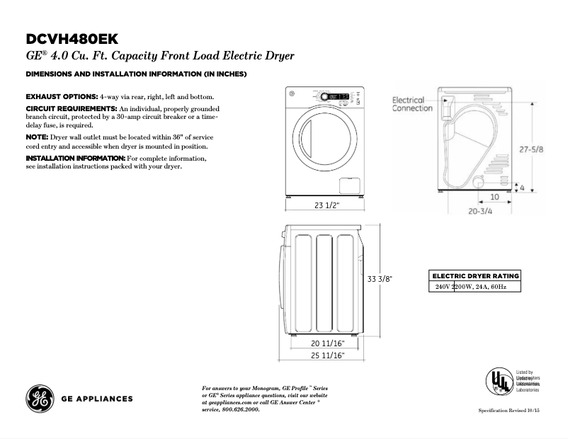 Page n°1 - Fiche technique GE DCVH480EKWW