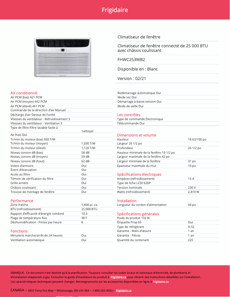 Página 1 del manual Ficha técnica Frigidaire FHWC253WB2