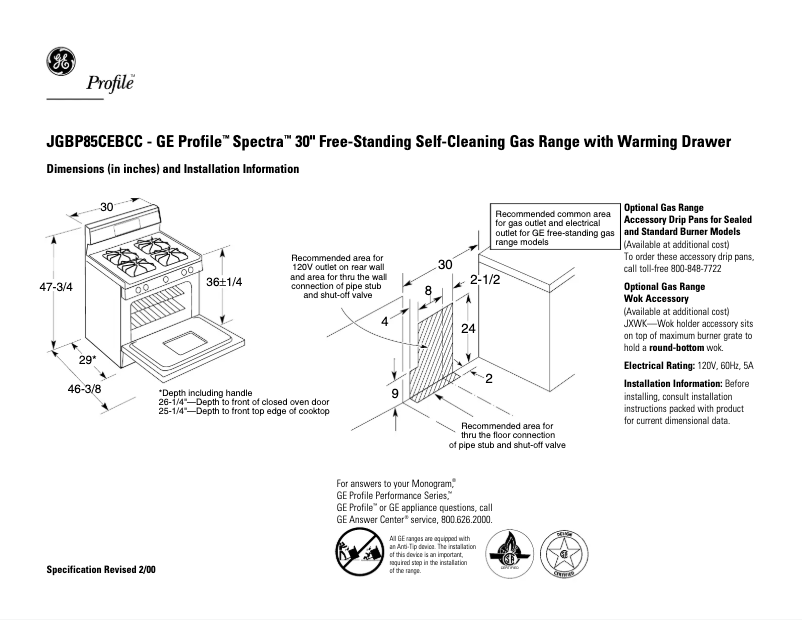 Page 1 de la notice Fiche technique GE Profile Spectra JGBP85CEBCC