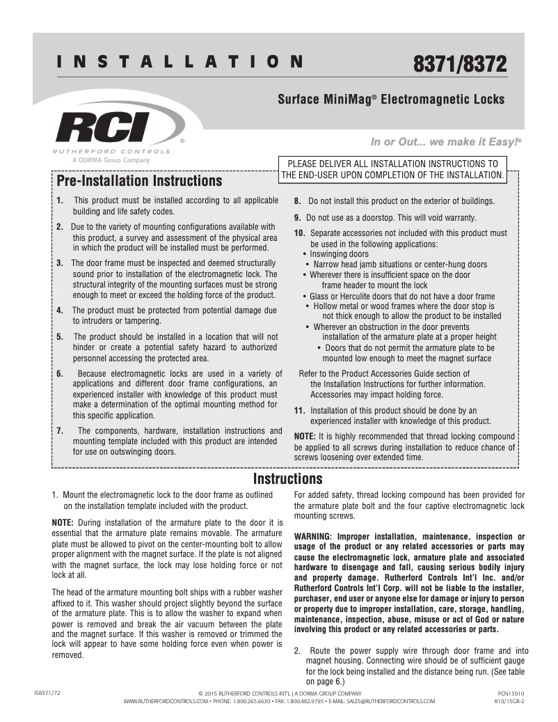 Page n°1 - Manuel utilisateur Dormakaba RCI 8371