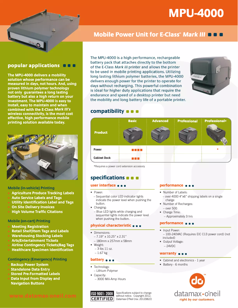 Page 1 de la notice Manuel utilisateur Datamax O'Neil MPU-4000