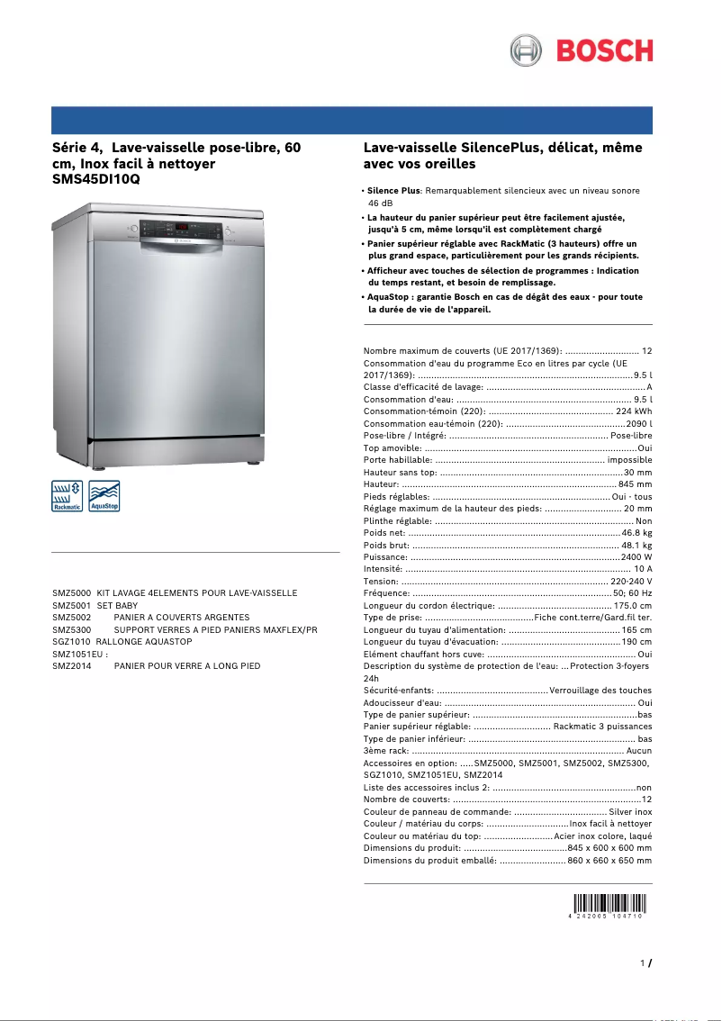 Page 1 de la notice Fiche technique Bosch SMS45DI10Q