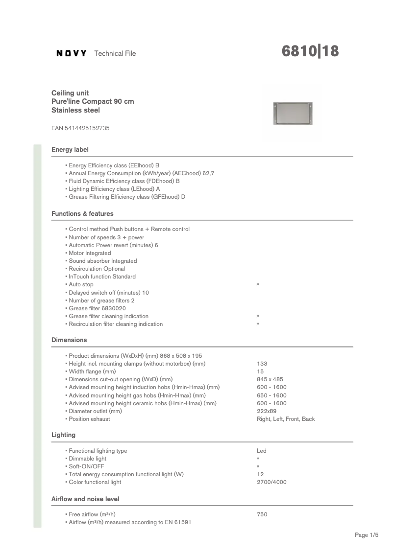 Page 1 de la notice Fiche technique Novy Pure'line Compact 6810