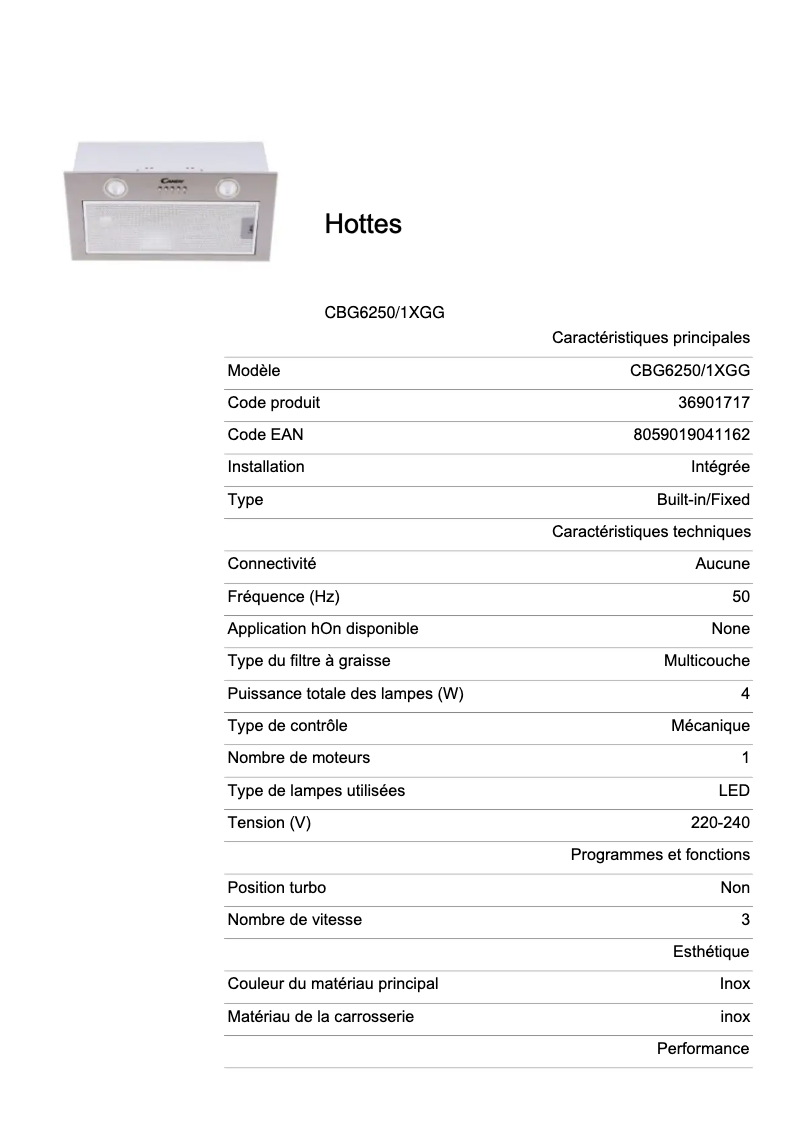 Page 1 de la notice Fiche technique Candy CBG6250/1XGG