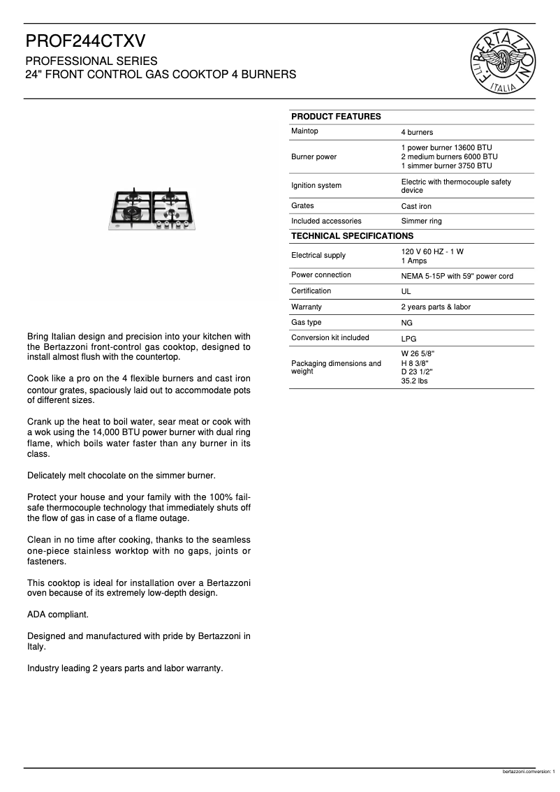 Page 1 de la notice Fiche technique Bertazzoni PROF244CTXV