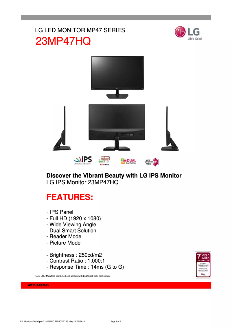 Page 1 de la notice Fiche technique LG 23MP47HQ-P