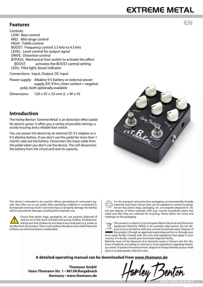 Page 1 de la notice Fiche technique Harley Benton Extreme Metal