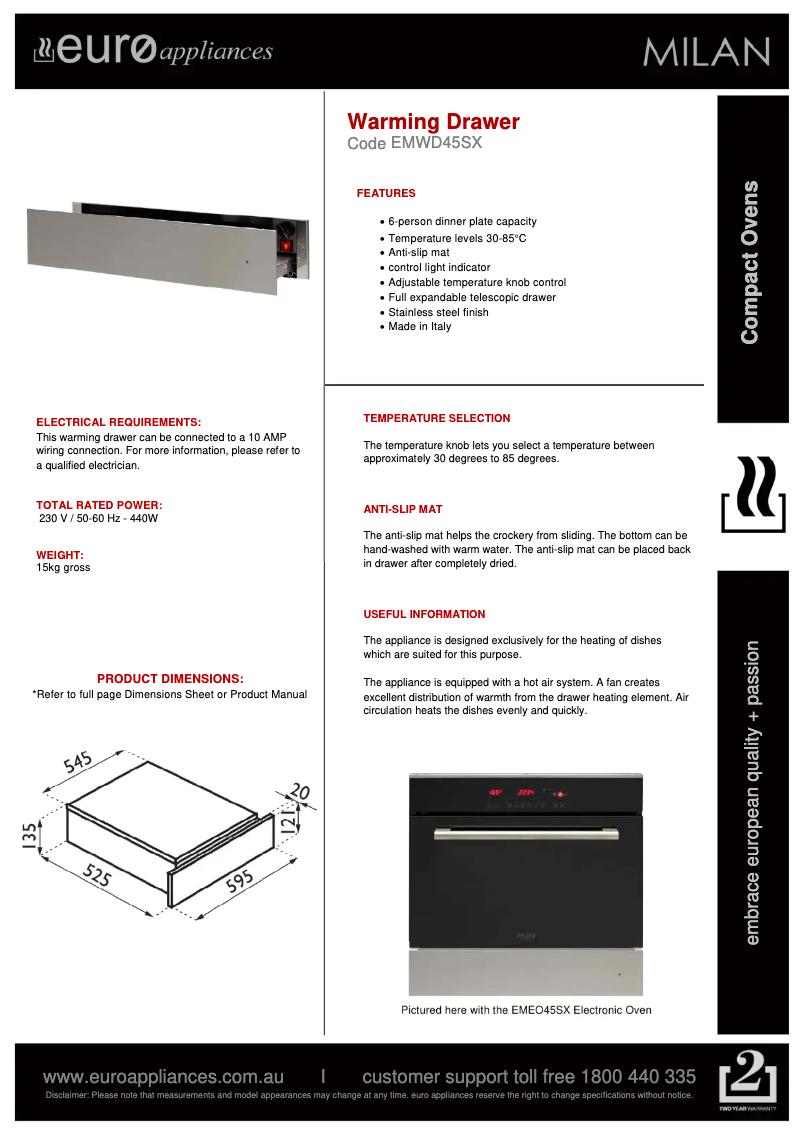 Page n°1 - Fiche technique Euro Appliances Milan EMWD45SX