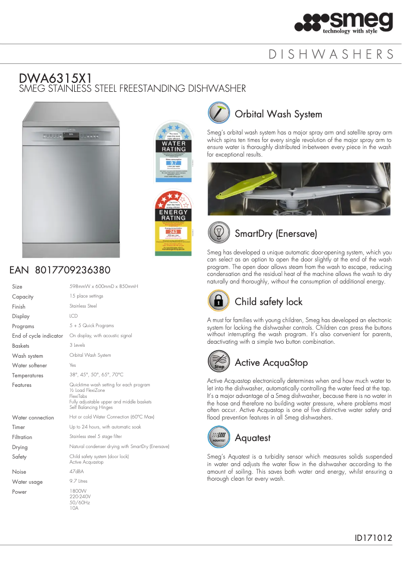 Page 1 de la notice Fiche technique Smeg DWA6315X1