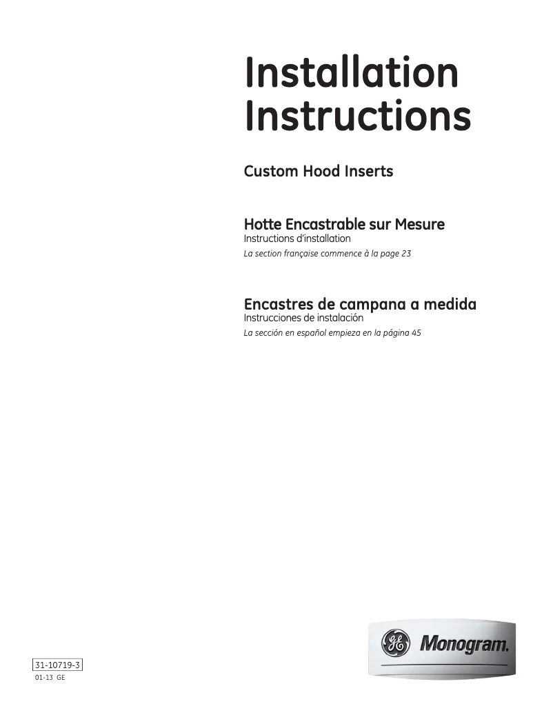 Page 1 de la notice Guide d'installation Monogram ZVC48LSS