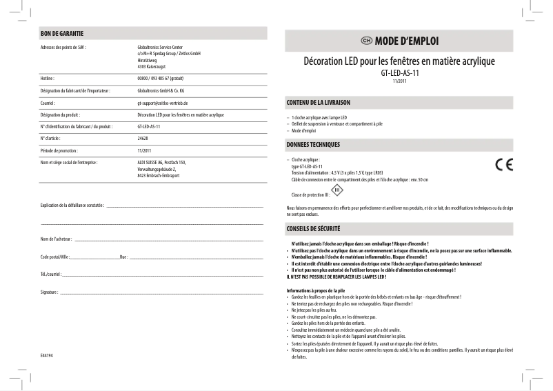 Page 1 de la notice Manuel utilisateur GlobalTronics GT-LED-AS-11