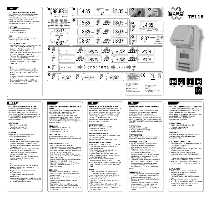 Page 1 de la notice Manuel utilisateur Elro TE118