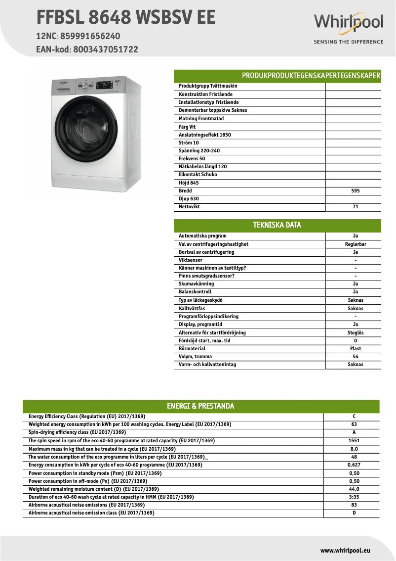 Page 1 de la notice Fiche technique Whirlpool FFBSL 8648 WSBSV