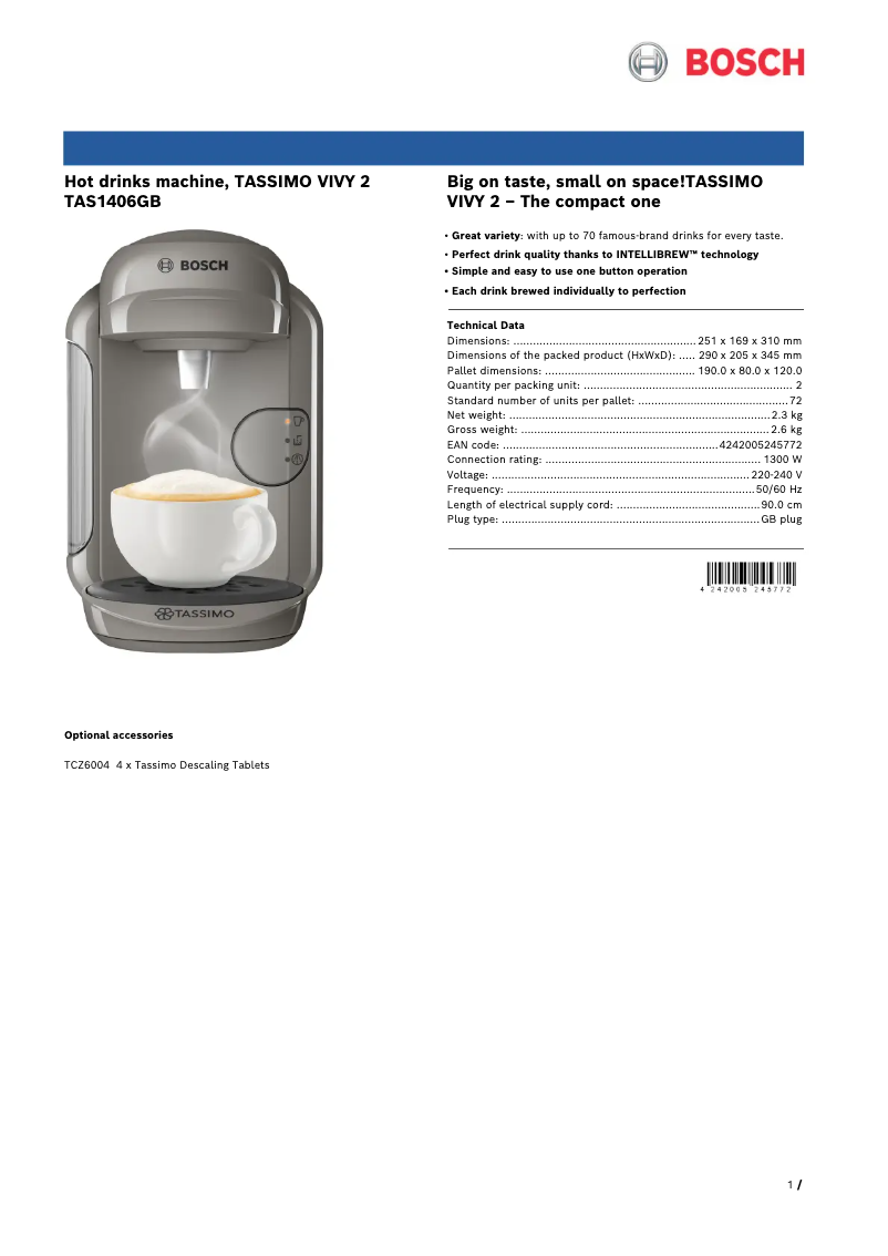 Imagen de la primera página del manual del dispositivo Tassimo Vivy 2 TAS1406