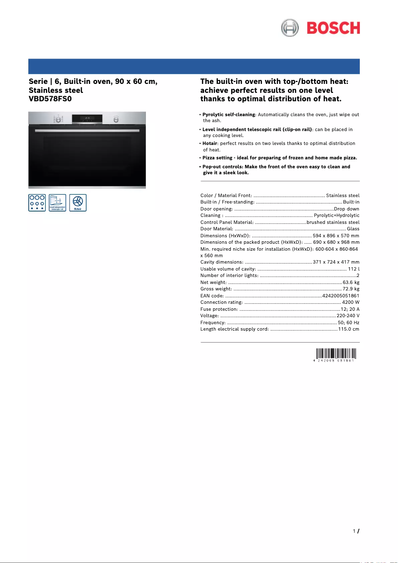Page 1 of the manual Technical Sheet Bosch VBD578FS0