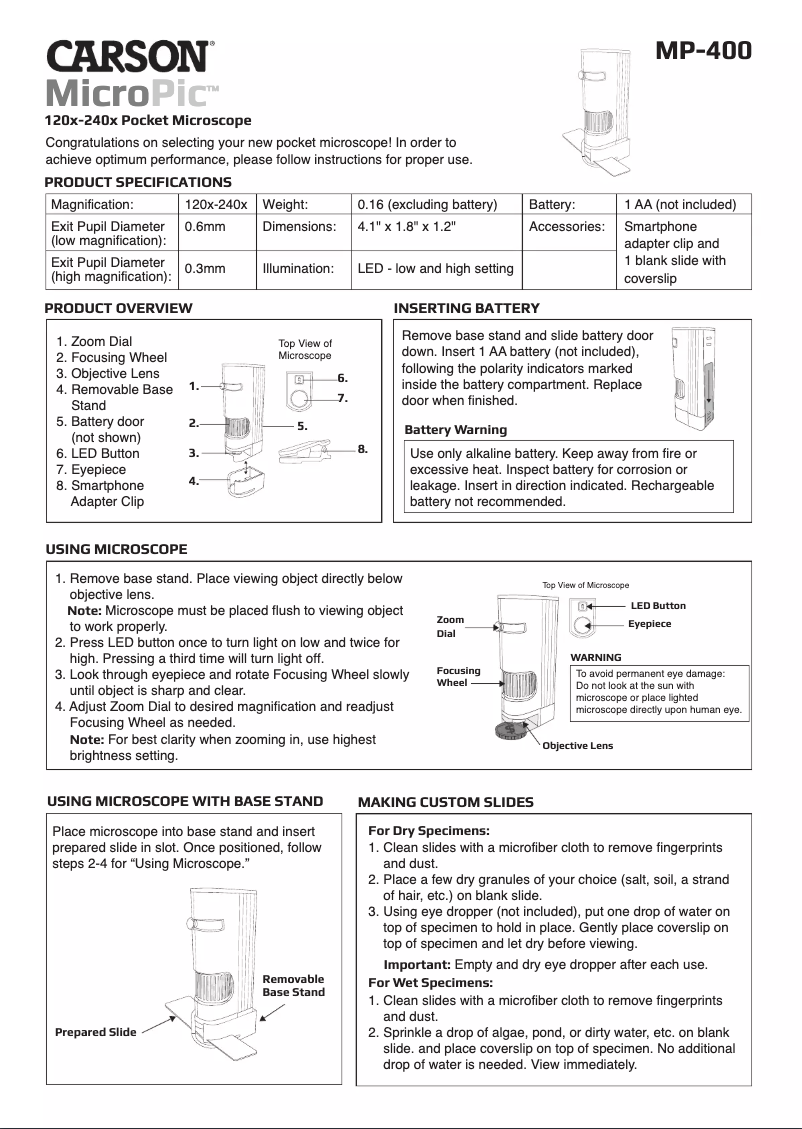 Page 1 de la notice Manuel utilisateur Carson MP-400