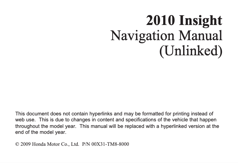 Page 1 de la notice Manuel utilisateur Honda Insight 2010 Navigation