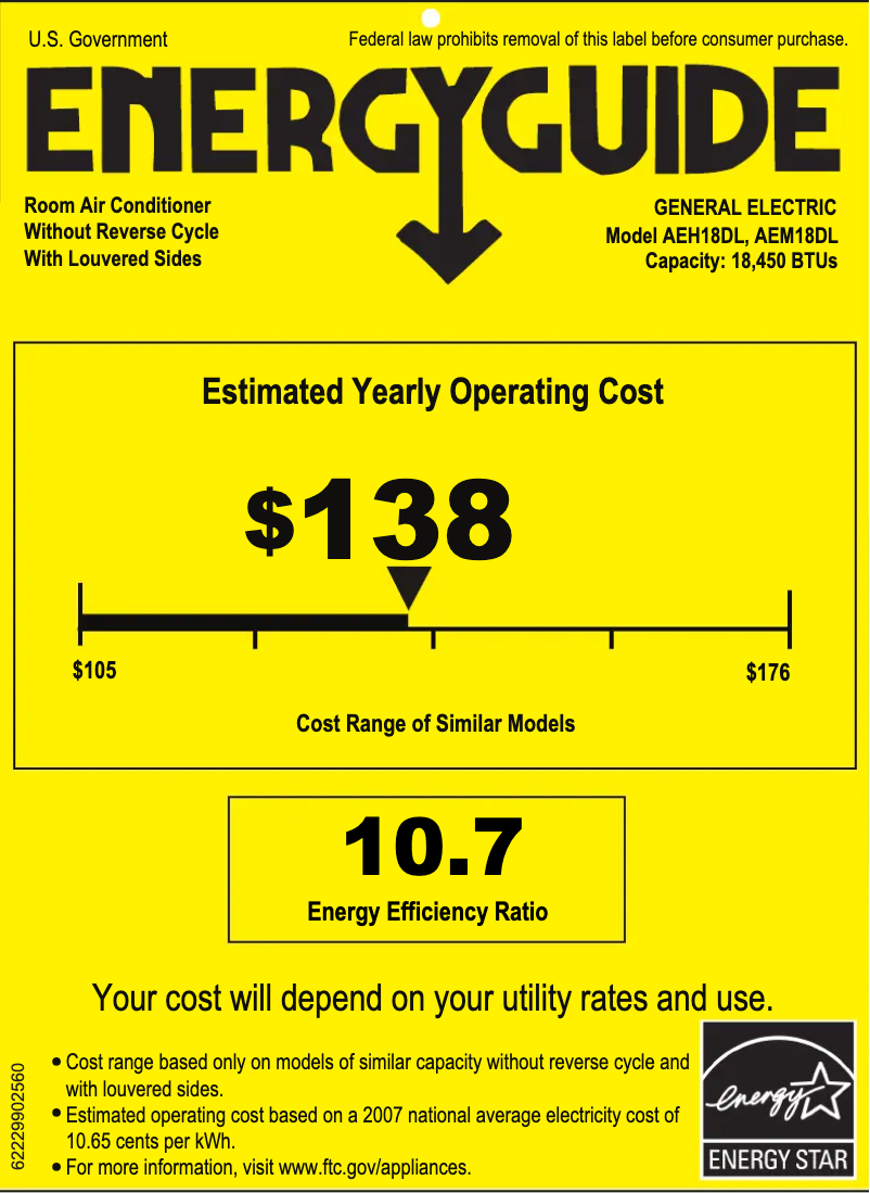 Page 1 de la notice Label énergétique GE AEM18DL