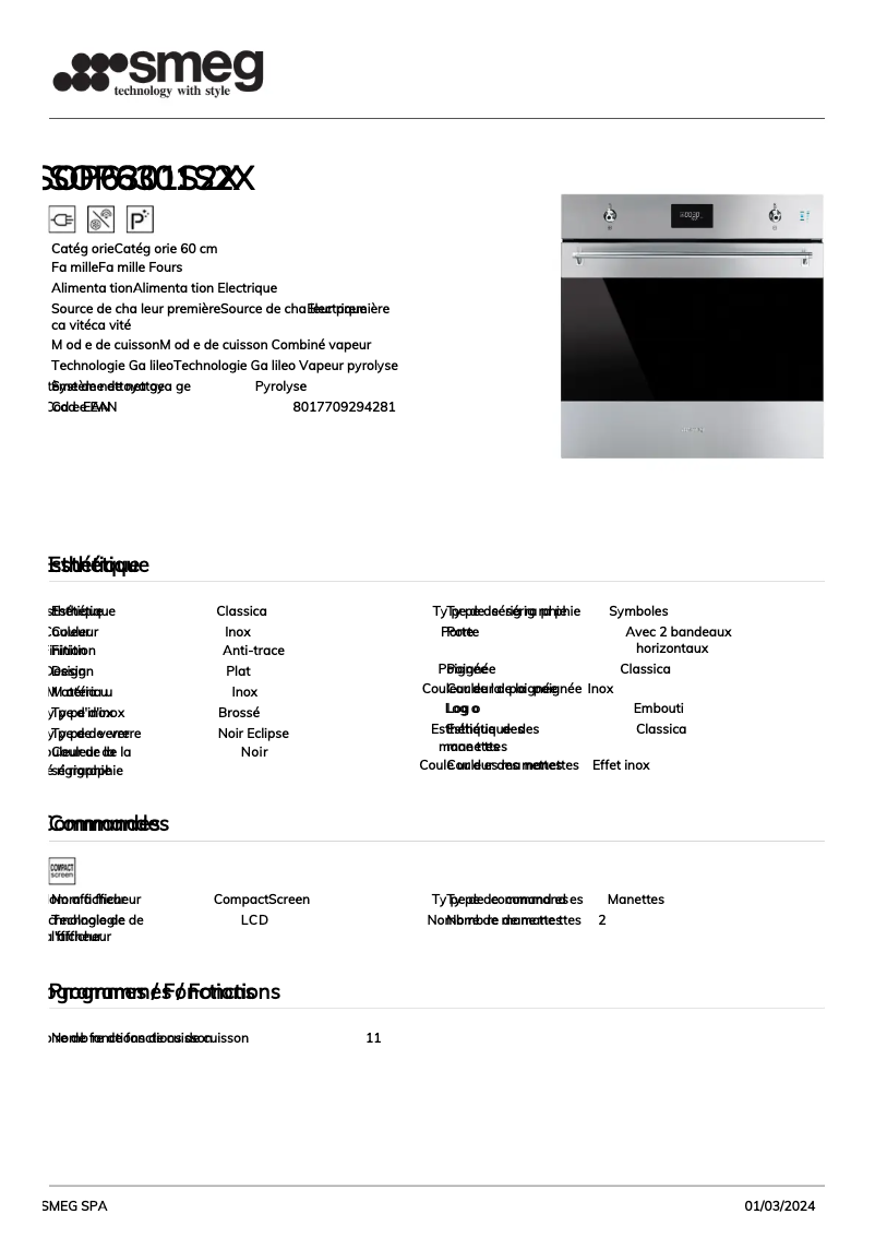 Page 1 de la notice Fiche technique Smeg SOP6301S2X