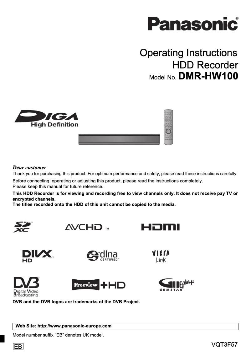 Page 1 de la notice Manuel utilisateur Panasonic DMR-HW100
