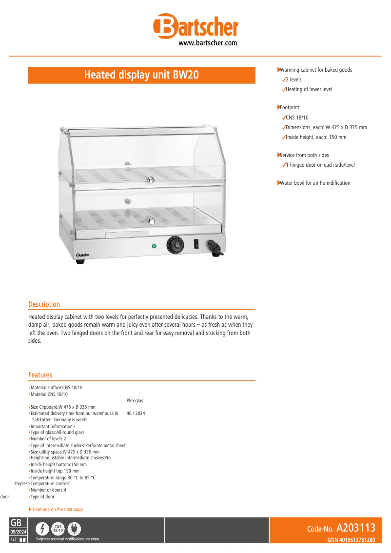 Page 1 de la notice Fiche technique Bartscher BW20