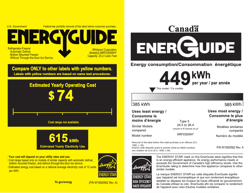 Page 1 de la notice Label énergétique Whirlpool WRF535SWHV