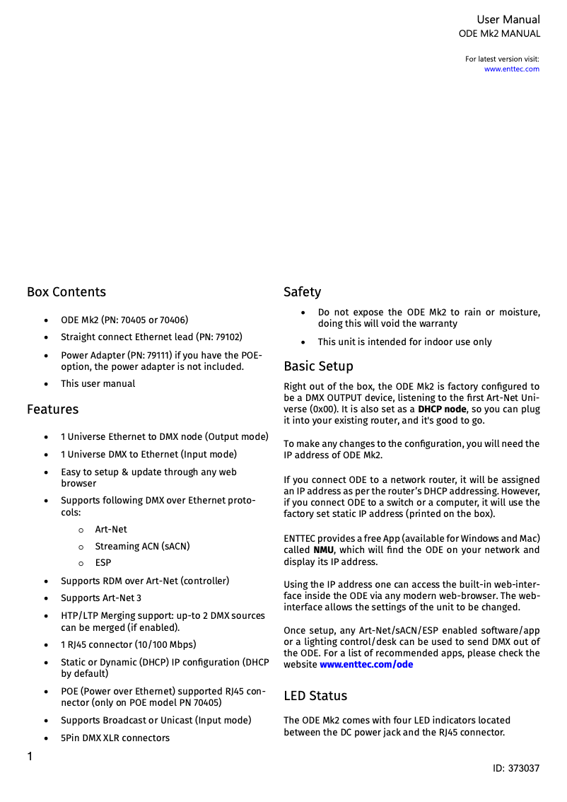 Page n°1 - Manuel utilisateur Enttec ODE Mk2