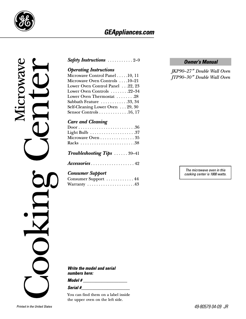 Page n°1 - Manuel d'utilisation et d'entretien GE JTP90DPCC