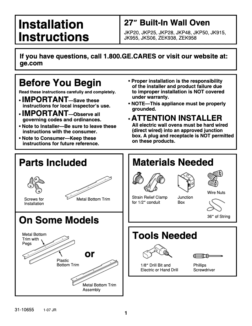 Page 1 de la notice Guide d'installation GE JKP48WFWW