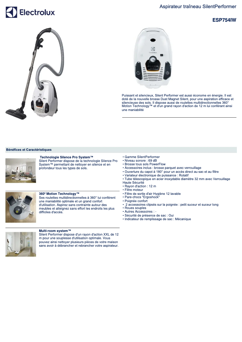 Page 1 de la notice Manuel utilisateur Electrolux SilentPerformer ESP754IW