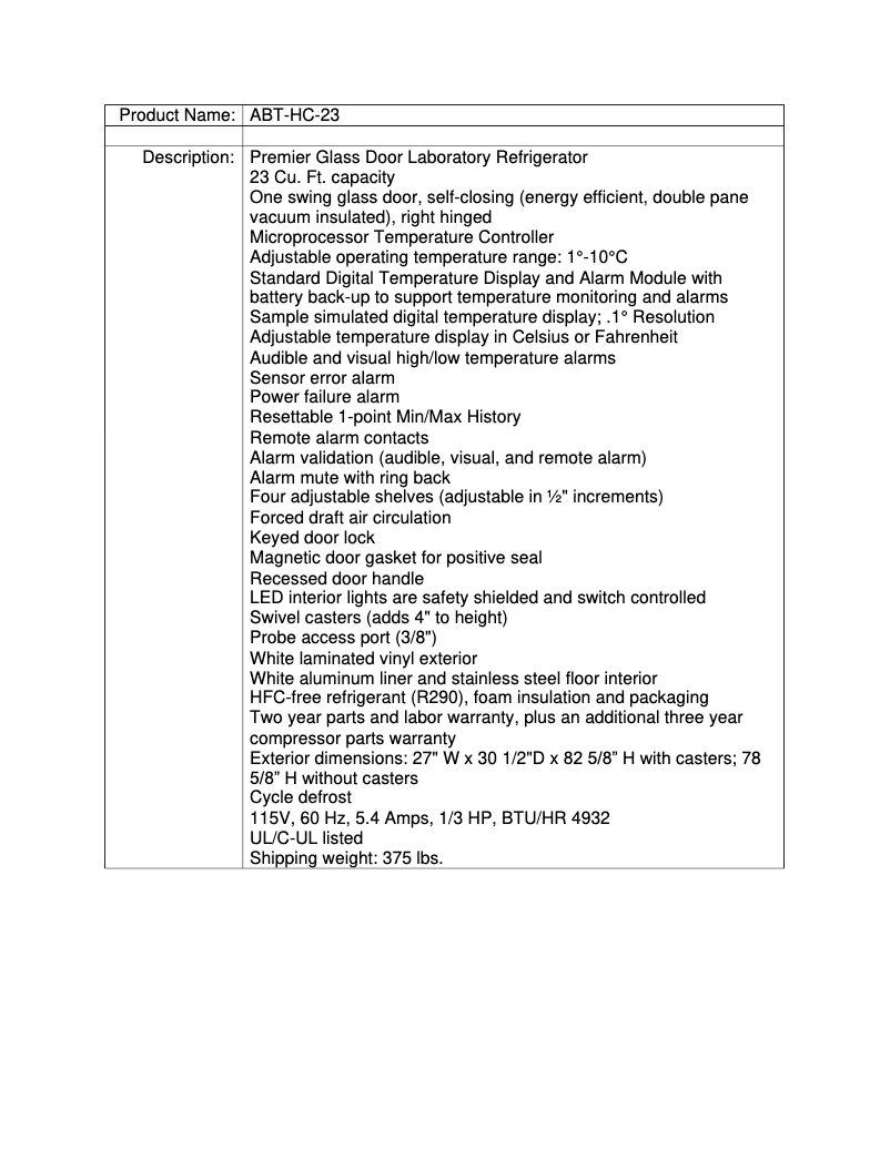 Page 1 de la notice Manuel utilisateur American BioTech Supply ABT-HC-23