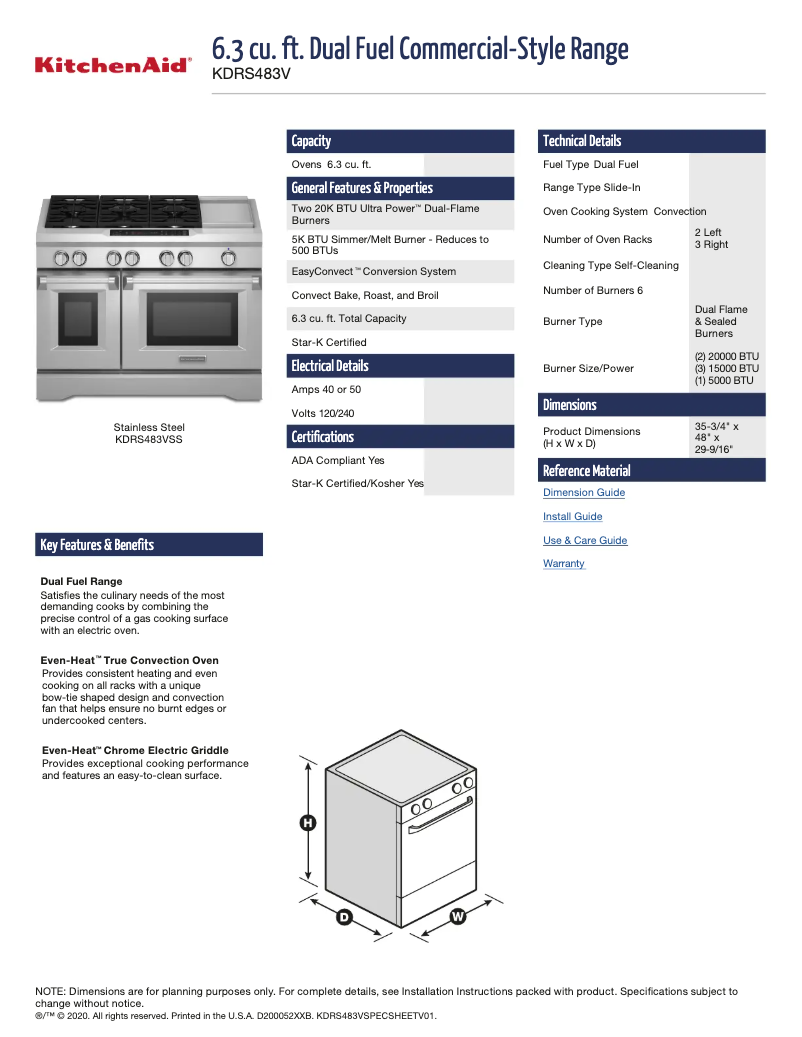 Page 1 de la notice Fiche technique KitchenAid KDRS483VSS