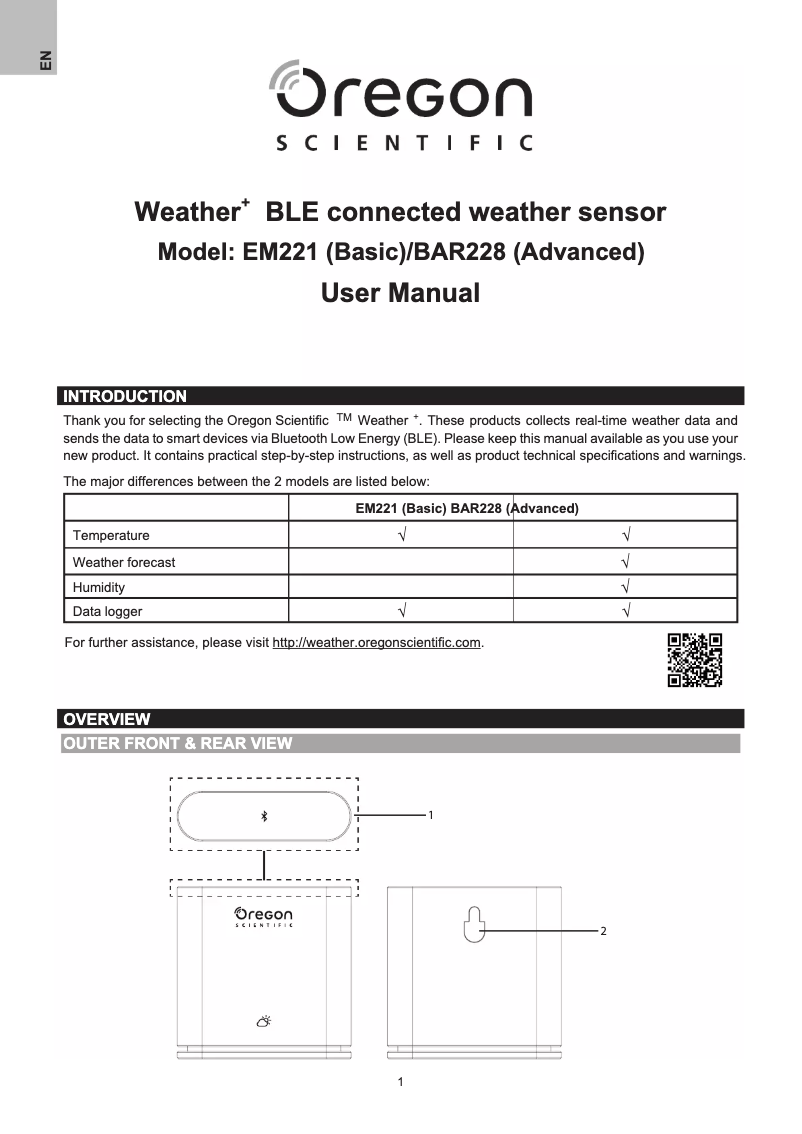 Page 1 de la notice Manuel utilisateur Oregon Scientific BAR228