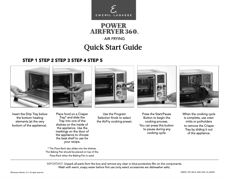 Page 1 de la notice Guide de démarrage rapide Emeril Lagasse Power AirFryer 360 B-AFO-001