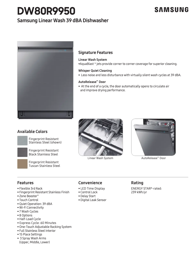 Page 1 de la notice Fiche technique Samsung DW80R9950UT