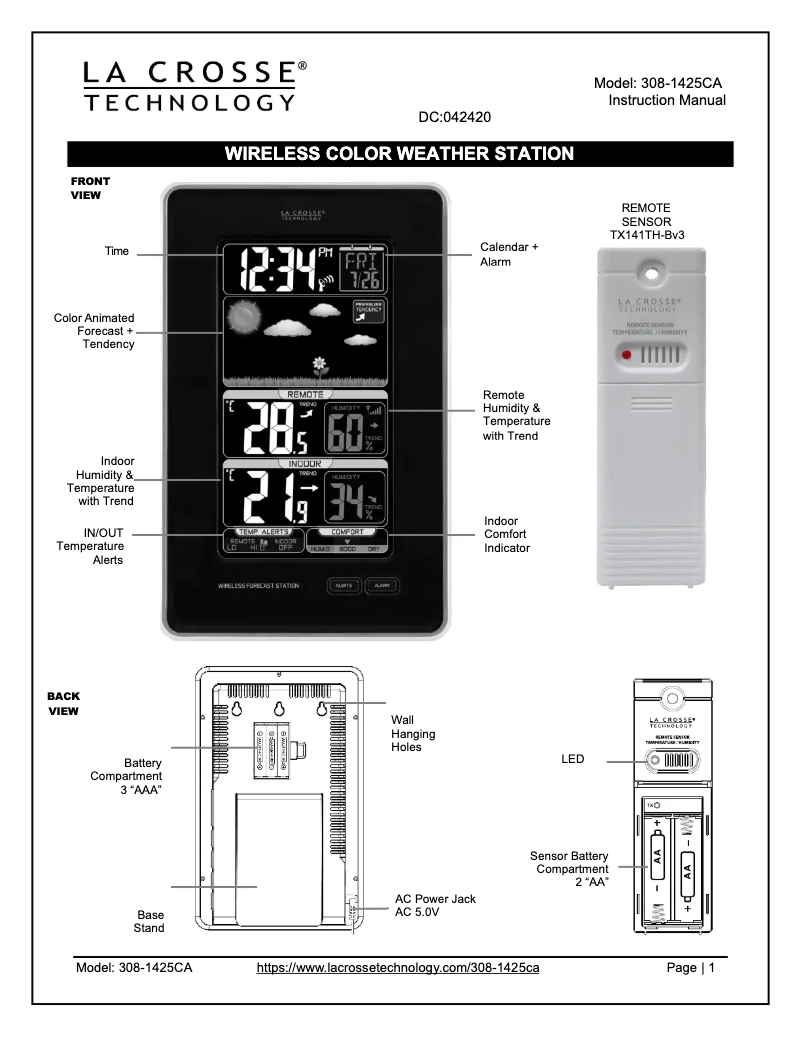 Page n°1 - Manuel utilisateur La Crosse Technology 308-1425CA