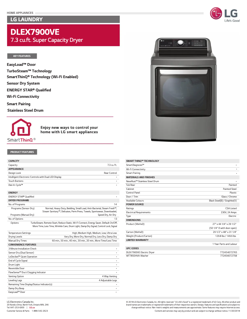 Page 1 de la notice Fiche technique LG DLEX7900VE
