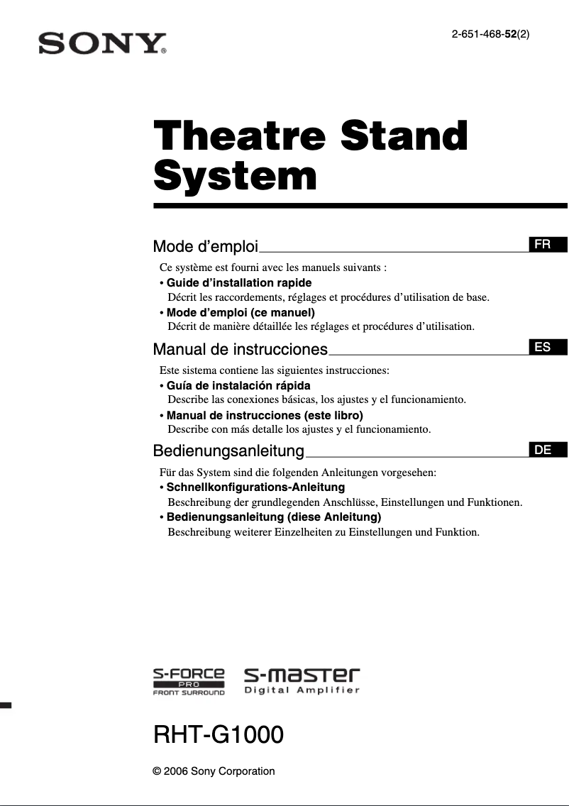 Page 1 de la notice Manuel utilisateur Sony RHT-G1000