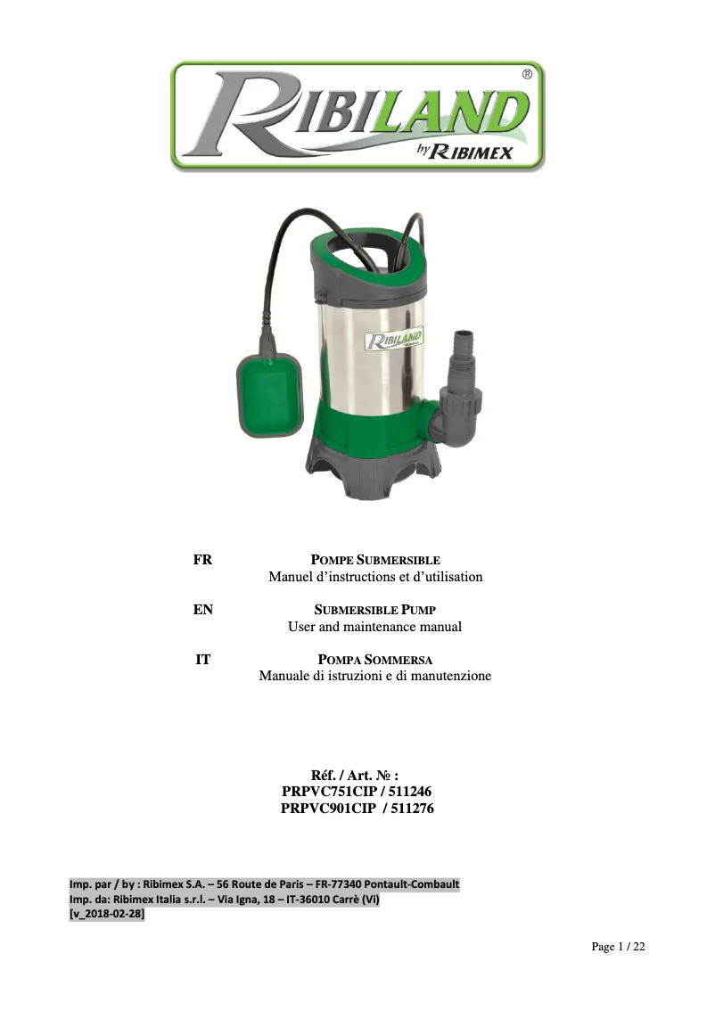 Page n°1 - Manuel utilisateur Ribimex Ribiland PRPVC901CIP