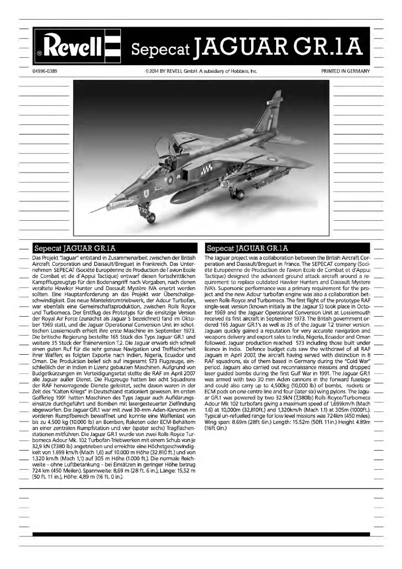 Page 1 de la notice Manuel utilisateur Revell Sepecat Jaguar GR.1A
