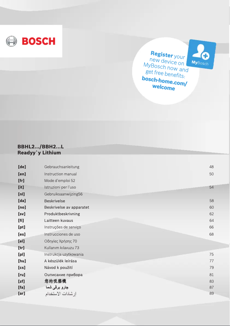 Page n°1 - Manuel d'utilisation et d'entretien Bosch Readyy'y BBHL22141