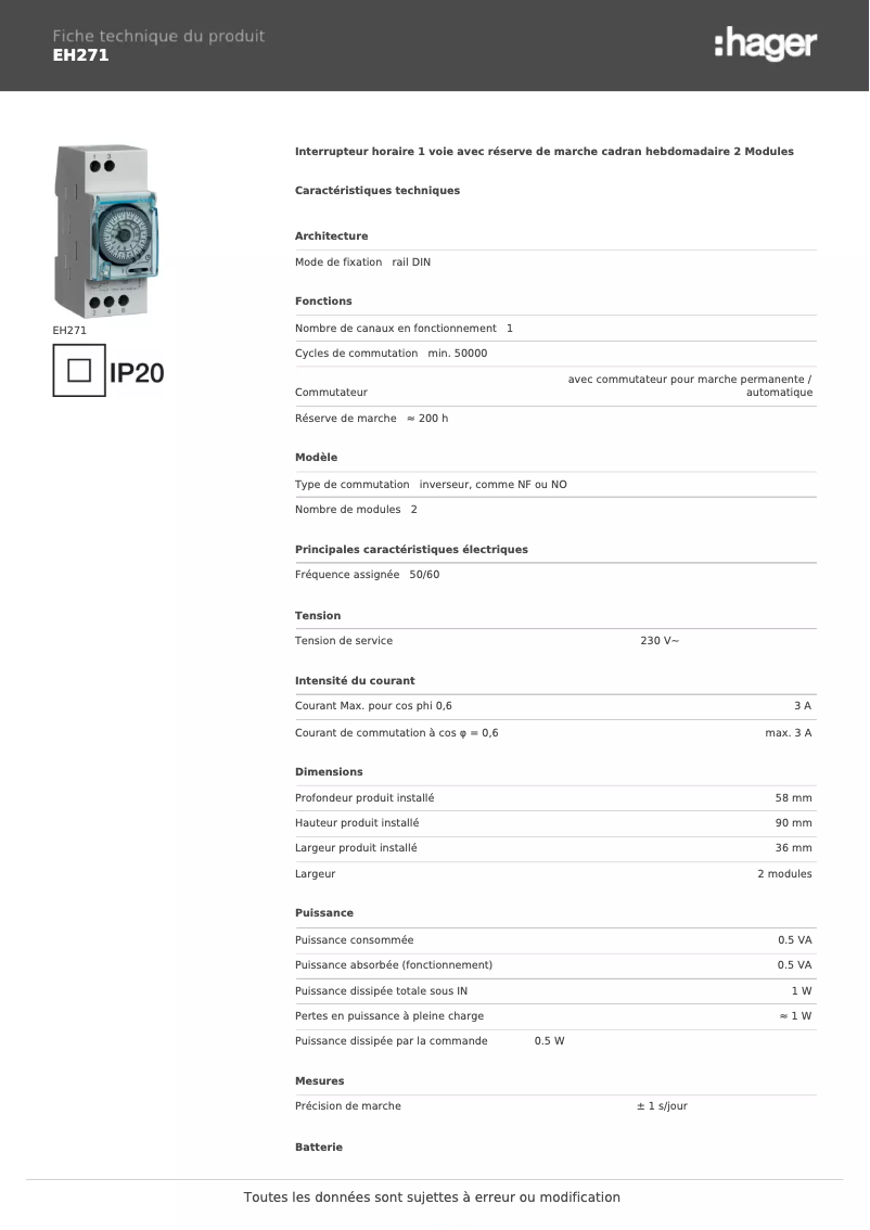 Page n°1 - Fiche technique Hager EH271