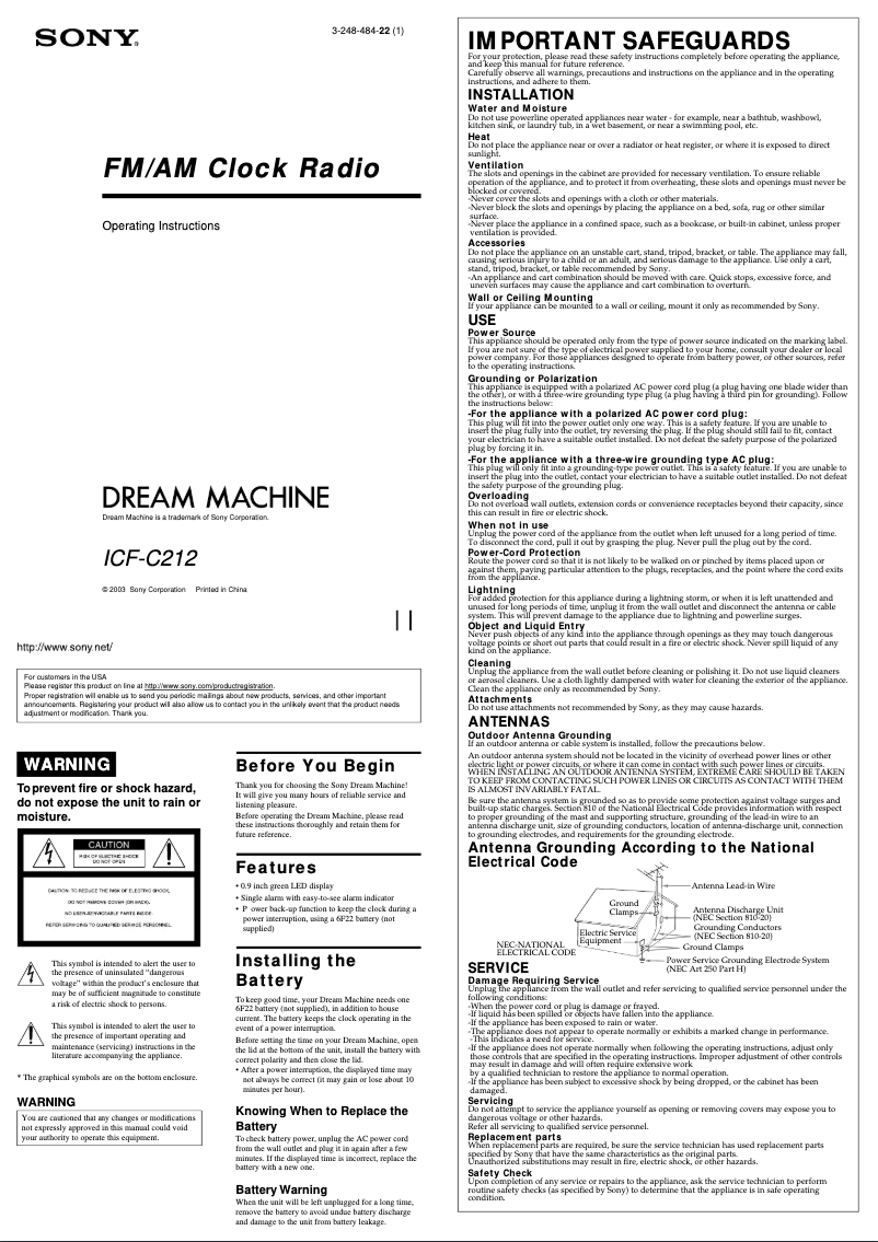 Page n°1 - Manuel utilisateur Sony ICF-C212