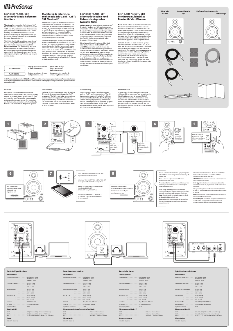 Page 1 de la notice Guide de démarrage rapide PreSonus Eris 5BT 2nd Gen