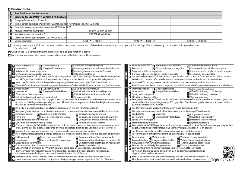 Page 1 of the manual Technical Sheet Panasonic TX-L39EM6B